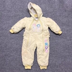 VTG Mighty Mac Snowsuit Baby Girls 12 Months Yellow Snowman Hooded Puffer Winter